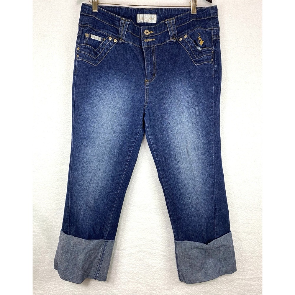 Baby Phat Womens‎ Size 16 Dark Wash Embroidered Cat Logo Cuffed Capri Jeans Y2K